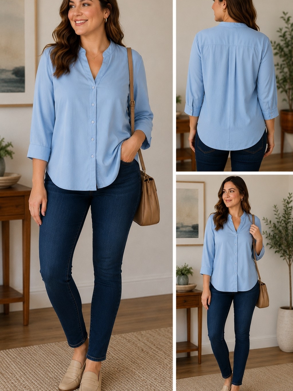 Sky Blue Women's Button-Down V-Neck Blouse